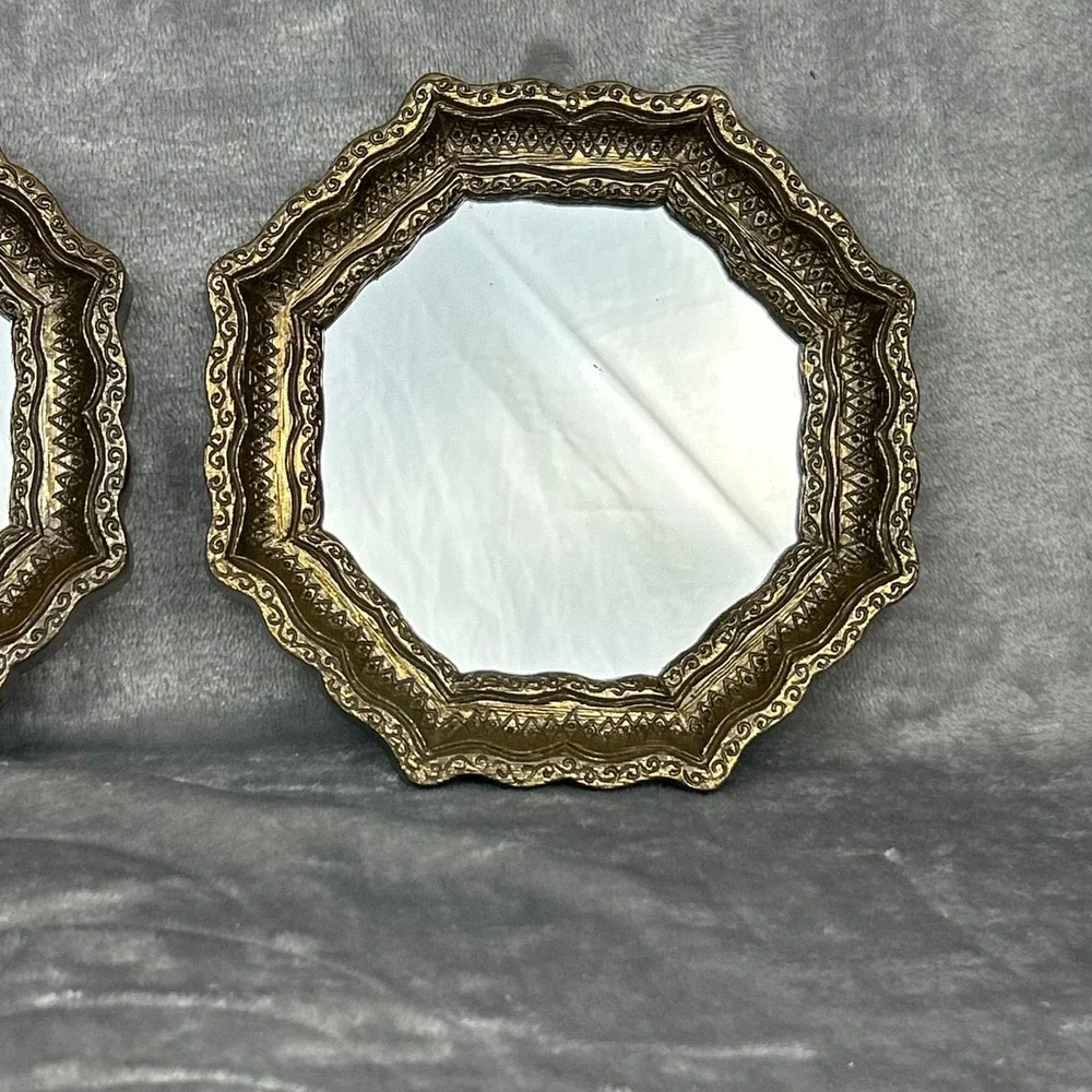 Vintage Set of 2 Gold Octagon Wall Mirrors Ornate Scalloped Frame 6.5 Inch